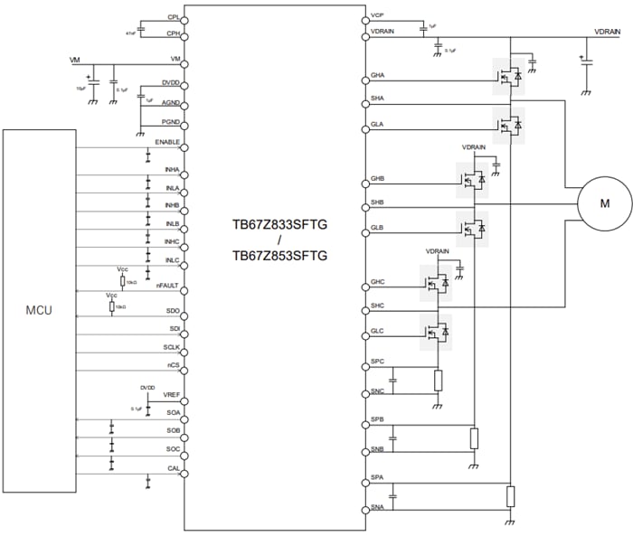 Application Circuit Diagram - Toshiba TB67Z8x 80V 3-Phase Gate Drivers