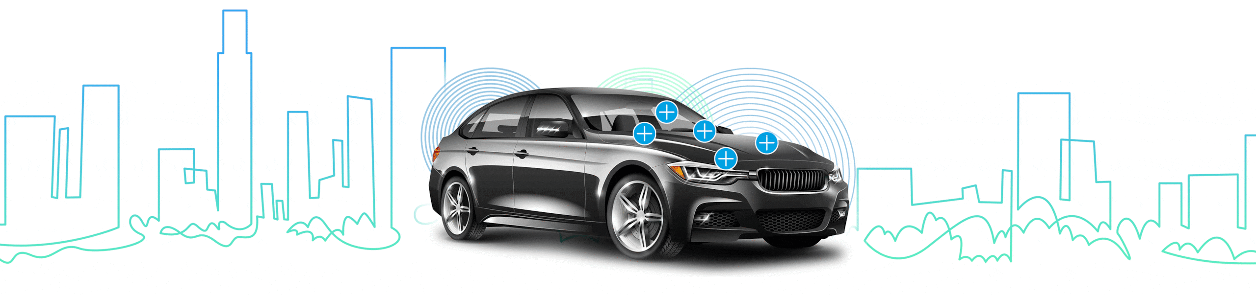 Image of a car with a illustrated city scape behind it. There are plus signs on the car to allow you to navigate to the articles on the page.